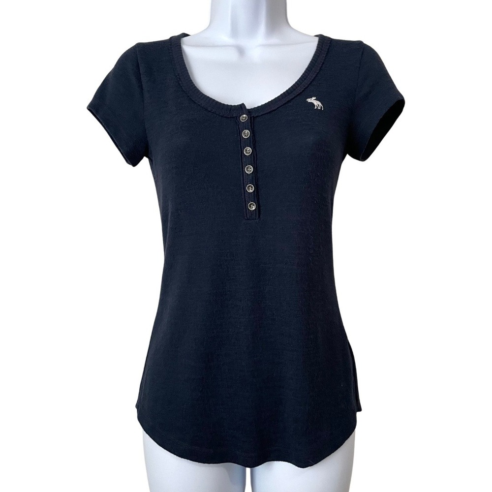 Abercrombie & Fitch Top XS Blue Soft A&F Cozy Short Sleeve Henley Moose Logo